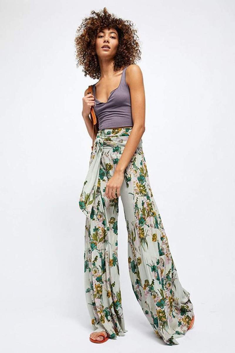 Loose Floral Strappy Casual Beach Trousers Bell Bottom Pants Wholesale