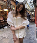 White Square Neck Off Shoulder Puff Sleeves Vintage Tie-Up Bodycon Dress Chic Wholesale Mini Dresses