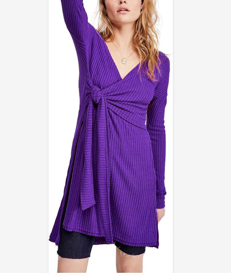 Solid Color Long Sleeve V Neck Tieback Design Slit T Shirt Dress Wholesale Casual Dresses