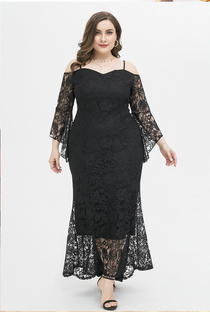 Plus Size Cami Flare Sleeve Lace Slim See-Through Maxi Dress