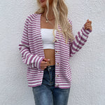 V Neck Buttons Down Knit Cardigan Striped Lantern Sleeve Sweaters