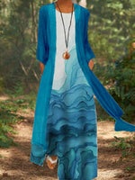 Printed Mid-Sleeve Loose Coat & Maxi Dress Fashion Wholesale Womens 2 Piece Sets Casual