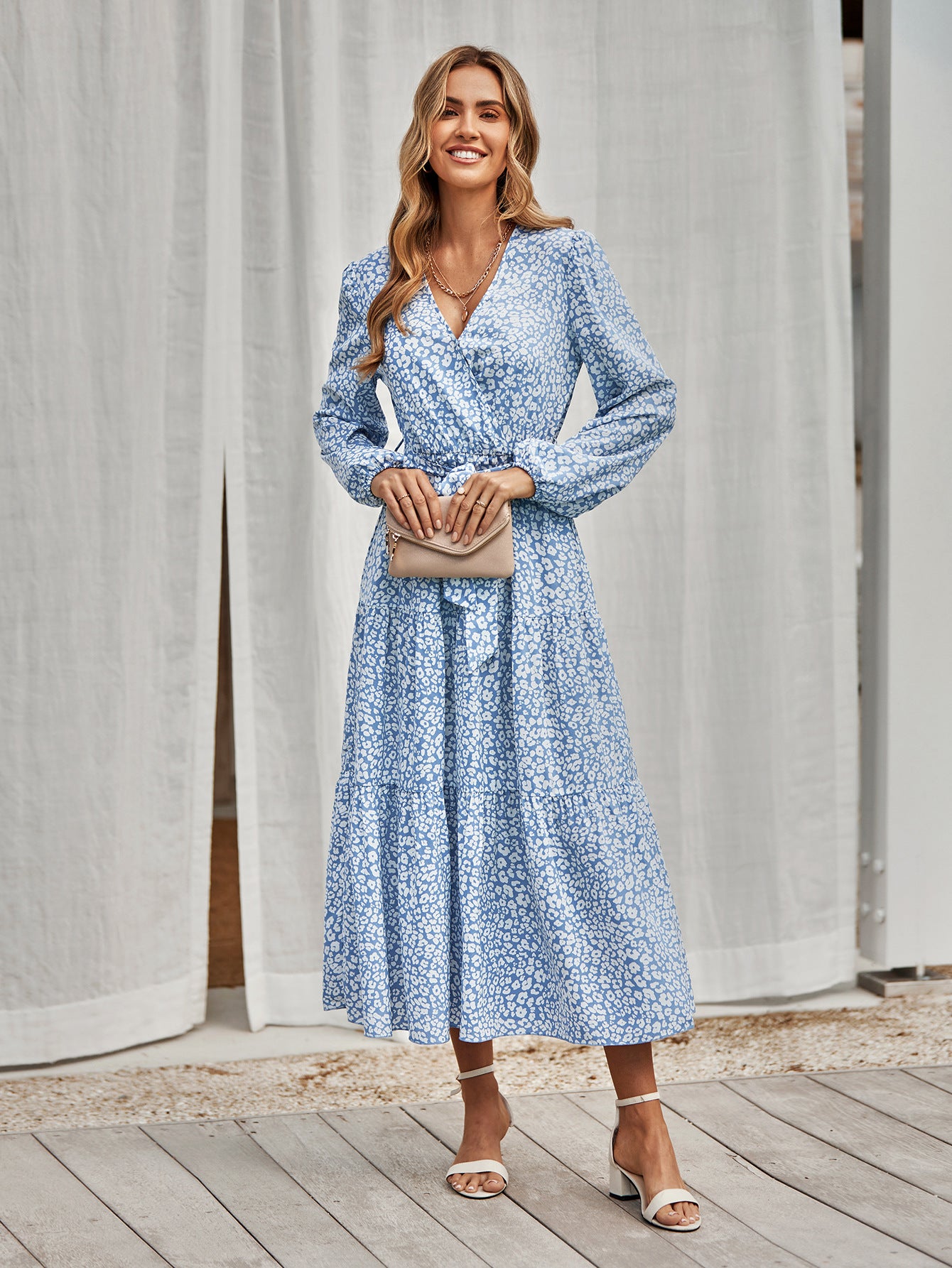 Casual Long Sleeve Printed Smocked Dress Wholesale Dresses