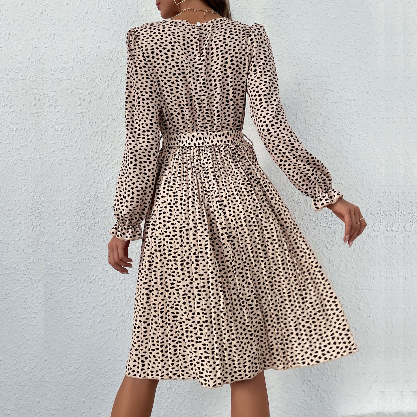 Leopard Print Long Sleeve Pleated Dress Wholesale Dresses