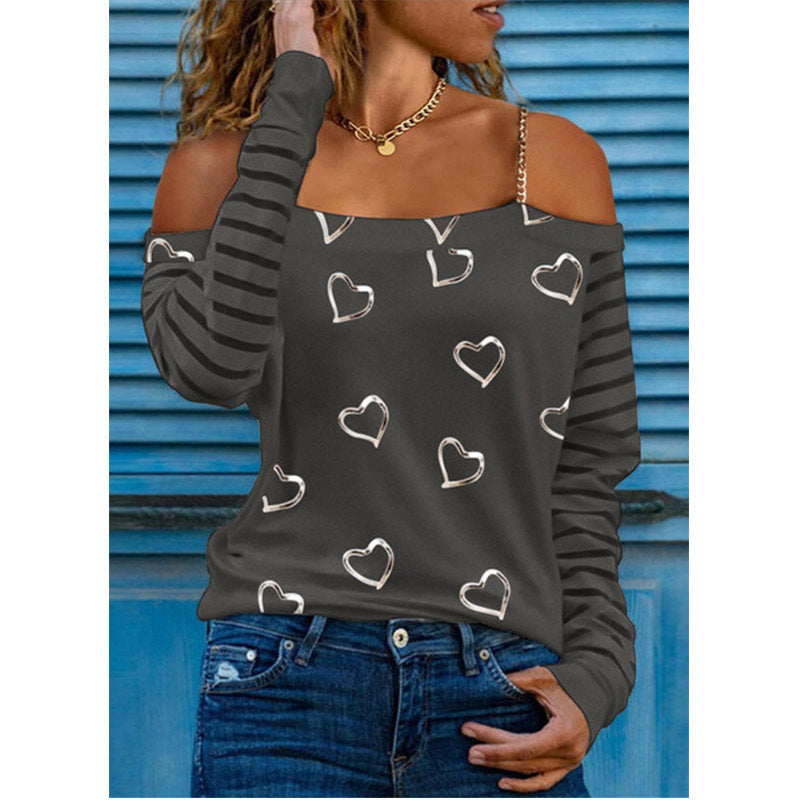 Heart Print Long Sleeve Off Shoulder Chain Tops Fashion Women'S T Shirts Wholesale Blouse
