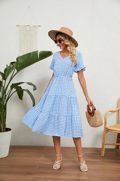 Pleated Tie Short Sleeve Square Neck Plaid Dress Wholesale Dresses