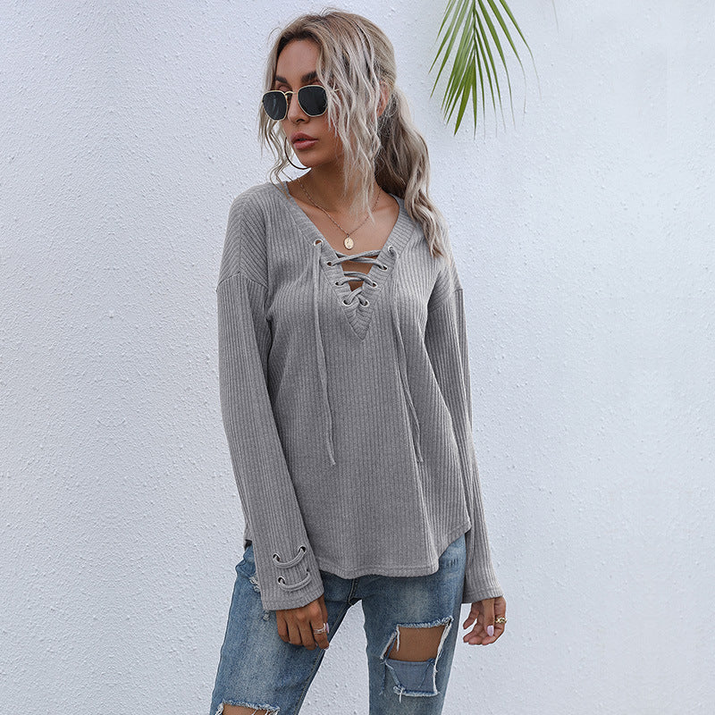 Tie-Up V-Neck Pullover Casual Knitted T-Shirt Wholesale Womens Tops