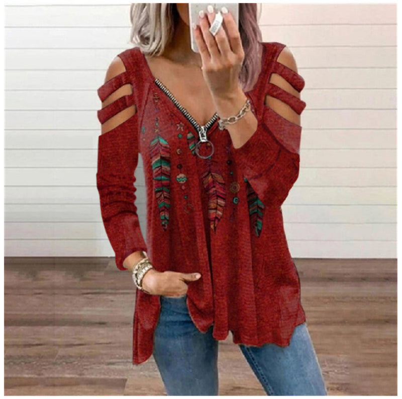 Sexy V Neck Printed Tops Loose Zipper Wholesale Womens Long Sleeve T Shirts