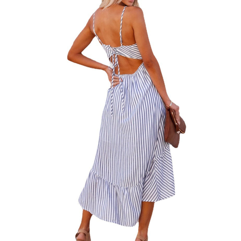Women Fashion Sleeveless Striped Print Hollow Out Irregular Hem Wholesale Swing Dresses Summer