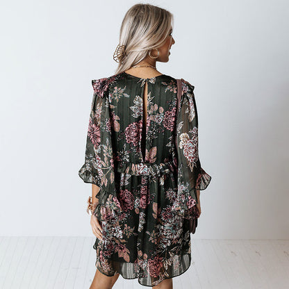 Fashion Printed V-Neck Ruffled 3/4 Sleeve Casual Dress Wholesale Dresses Chiffon Dress Chic