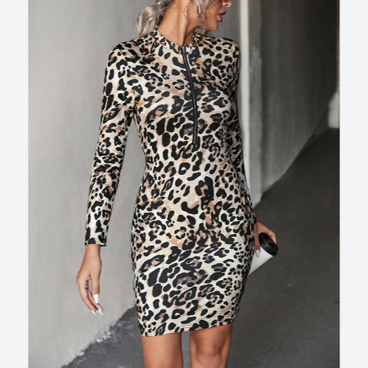 Sexy Zipper Leopard Print Lapel Dress Wholesale Dresses