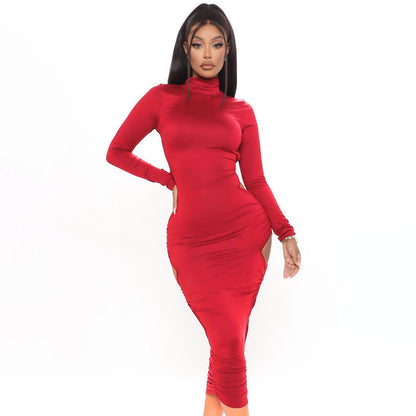 Turtleneck Bodycon Hollow Backless Long Sleeve Midi Dress