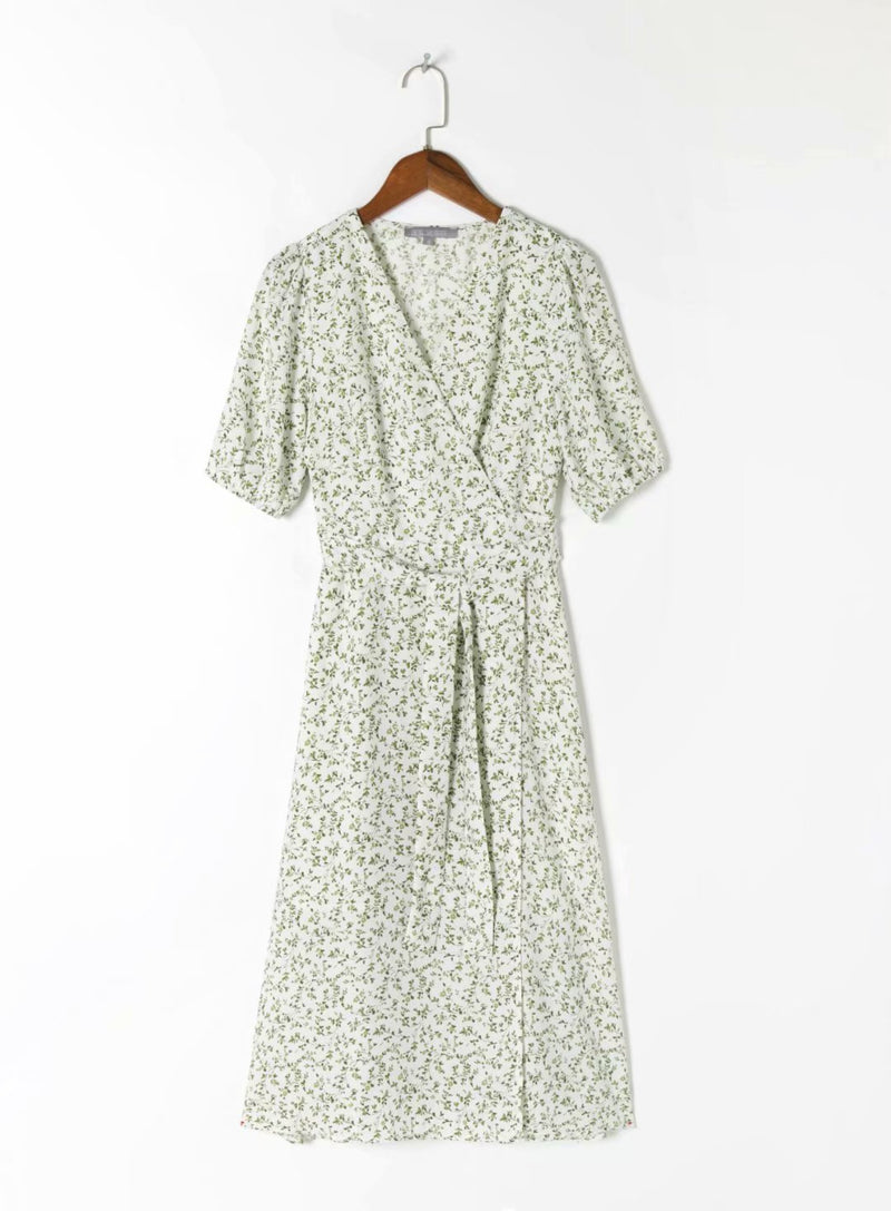 V-Neck Summer Pastoral Style Lace-Up Waist Slim Slit Floral Dress Vintage Wholesale Dresses