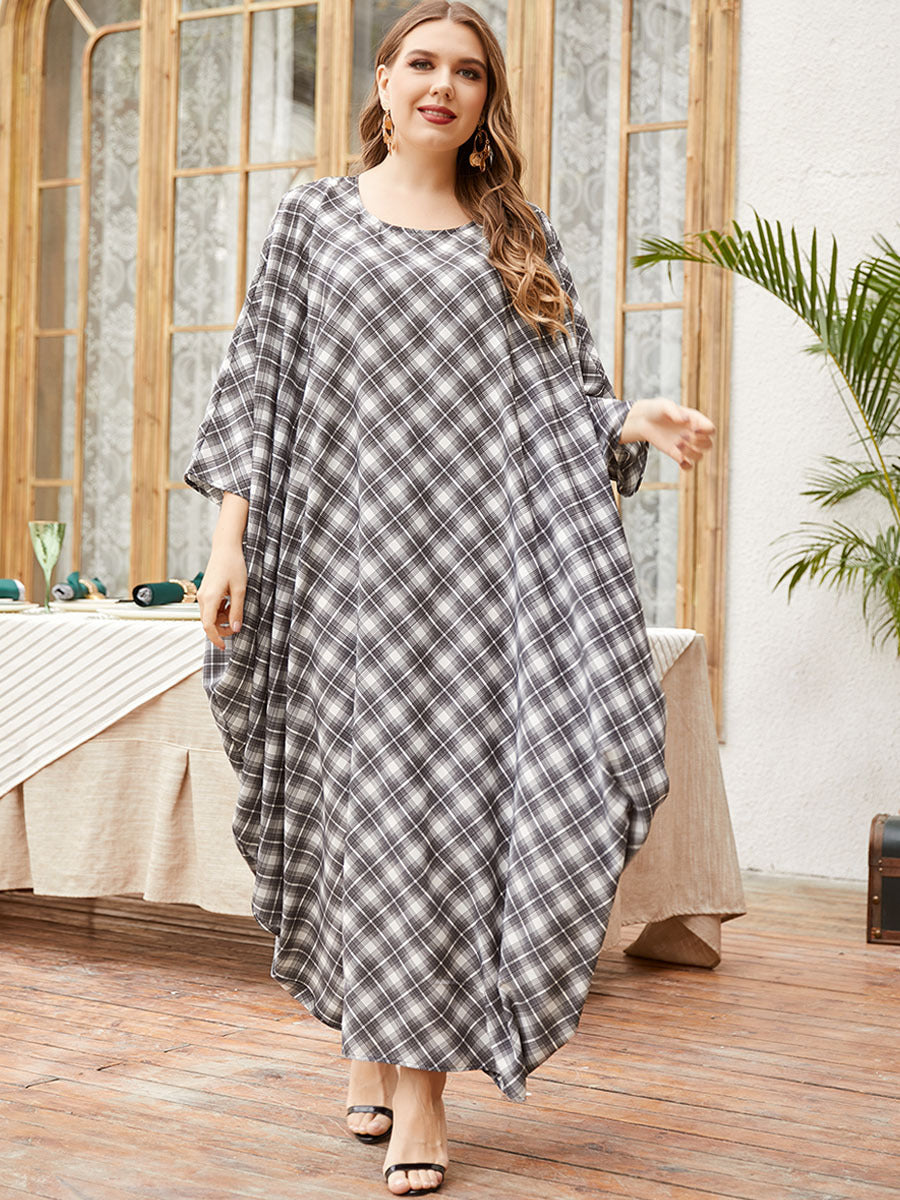 Casual Loose Bat Sleeve Plaid Maxi Dress Wholesale Plus Size Clothing