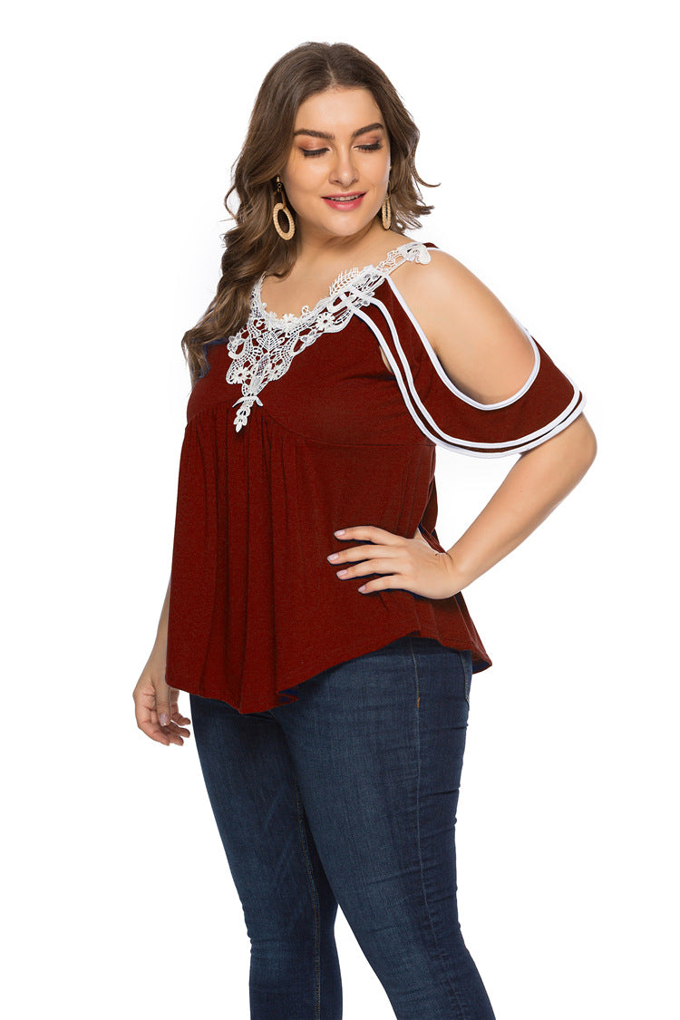 Lace-Paneled Short-Sleeved Wholesale Plus Size Tops For Valentine'S Day
