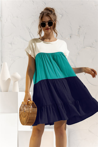 Round Neck Colorblock Ruffles Short Sleeve Loose Smocked Dresses Casual T Shirt Dress Wholesale