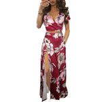 Floral Printed Short Sleeve Lace Up Crop Tops & Slit Maxi Skirt Vacation Clothing Wholesale Womens 2 Piece Sets