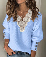 Solid Color Lace V-Neck Loose Button Long Sleeve Casual Fashion Womens Tops Wholesale Sweater Vendors