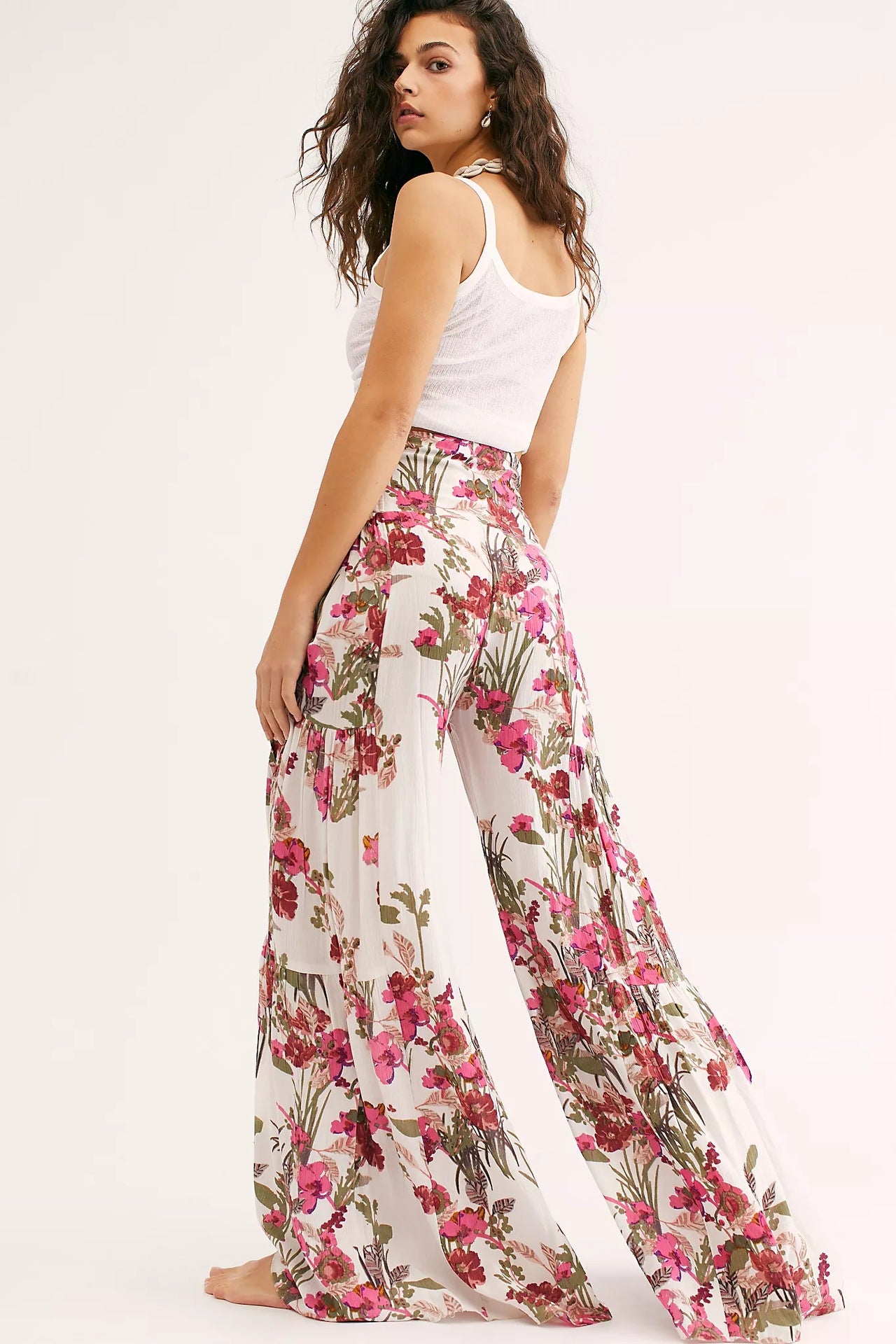 Loose Floral Strappy Casual Beach Trousers Bell Bottom Pants Wholesale