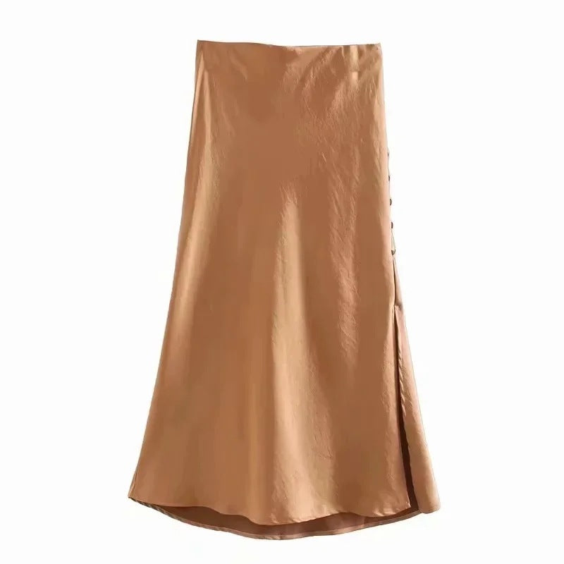 Solid Color High Waist Single Breasted Slit Slim Business Casual Women A-Line Satin Skirts Wholesale