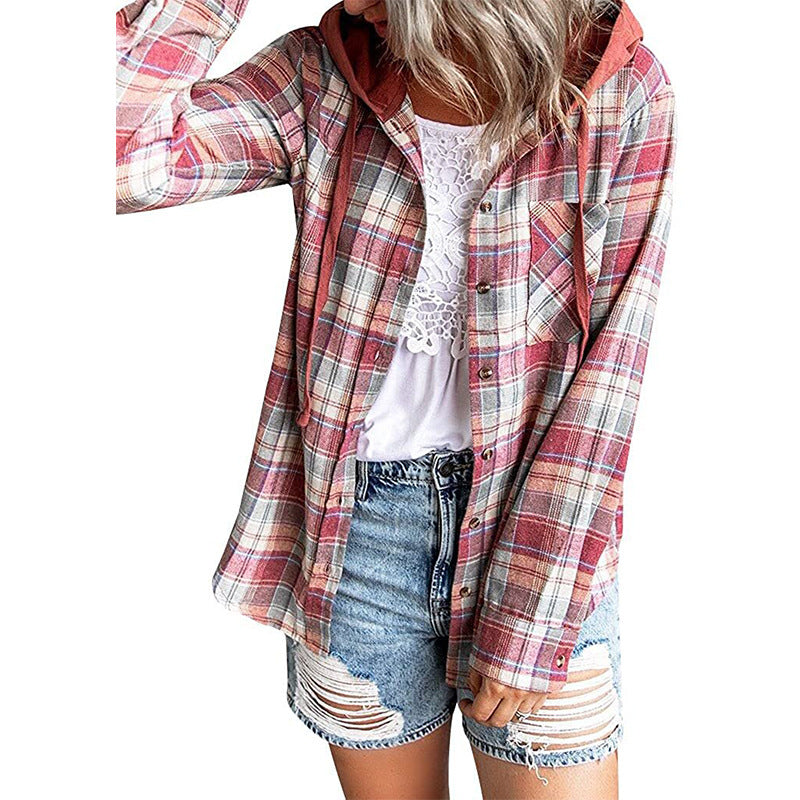 Plaid Hoodie Single Row Button Casual Shirt For Women Wholesale