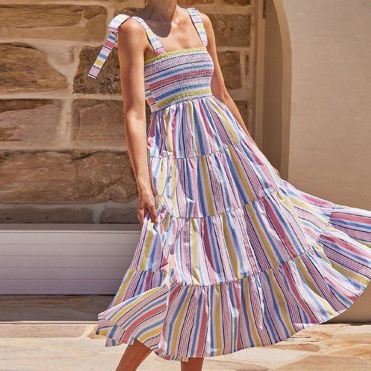 Casual Colorful Striped Strapless Tie-Up Swing Dress Wholesale Dresses