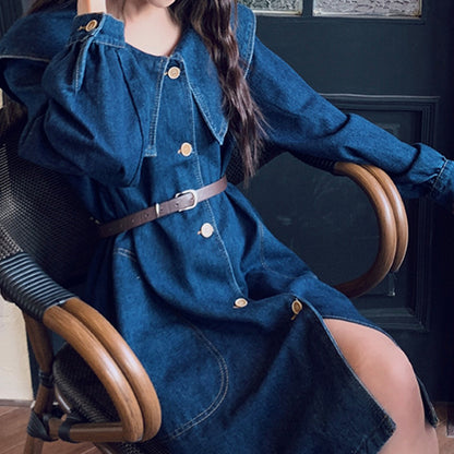 Navy Collar Wholesale Denim Dress With Belt