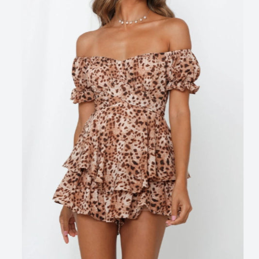 Off Shoulder Printed Puff Sleeve Tube Top Sexy Ruffles Tie-Up Womens Short Jumpsuits Wholesale Rompers