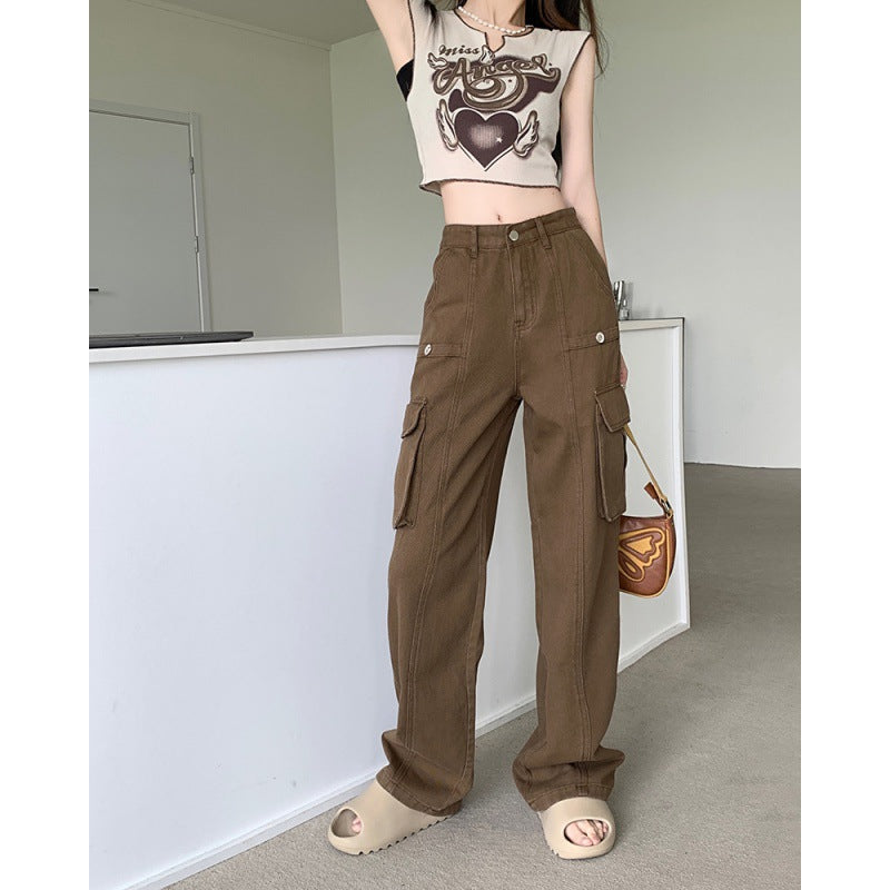 Retro Loose High-Waisted Wide-Legged Multi-Pocket Denim Cargo Pants Wholesale Jeans