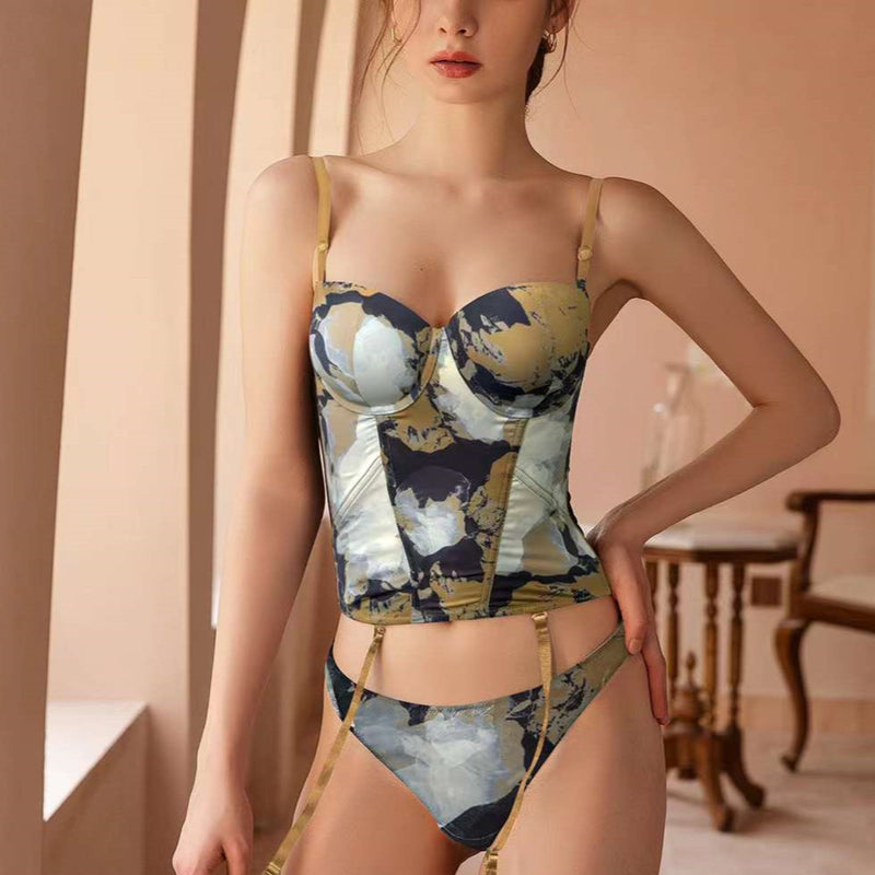 Contrast Color Printing Glossy Push-Up Underwear Corset Bra Panty Set Wholesale Women Clothing