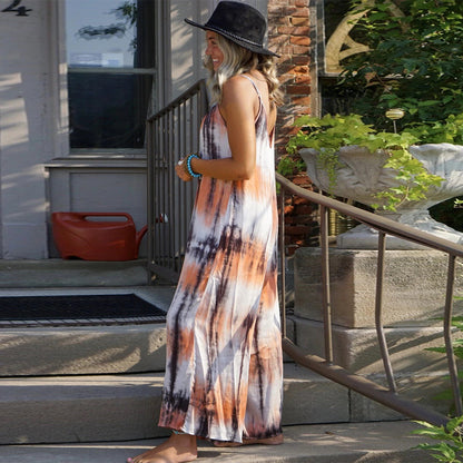 Open Back Tie Dye Print Sling Dress Casual Beach Wholesale Maxi Dresses