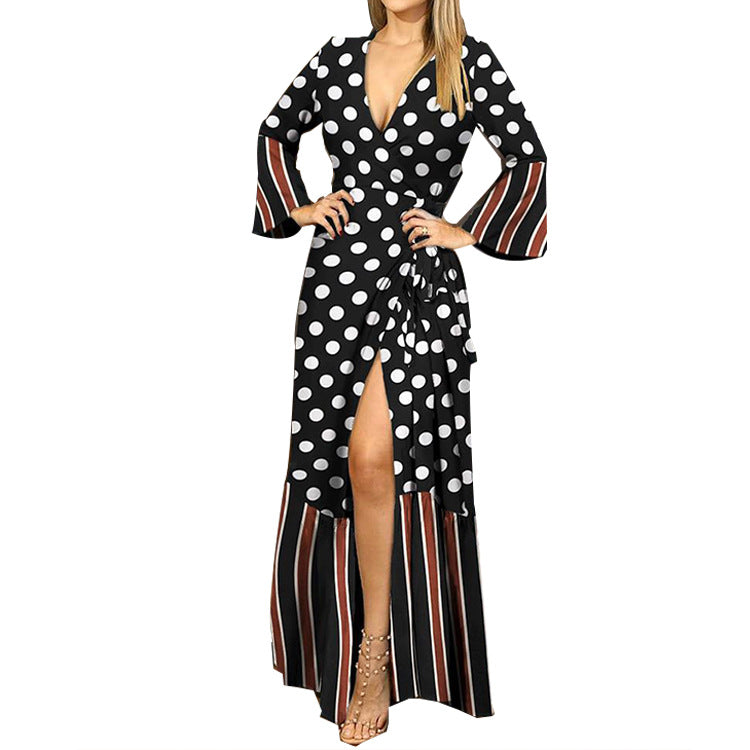 Printed Lace-Up Flare Sleeve Deep-V High Slit Sexy Ruffled Dress Vacation Wholesale Maxi Dresses SD531090