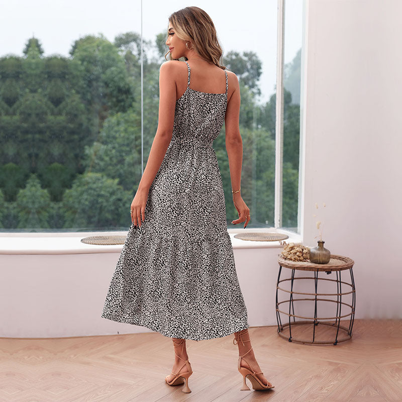 Leopard Print Slim-Fit Lace-Up Slip Mid-Length Flowy Dress Vacation Wholesale Dresses