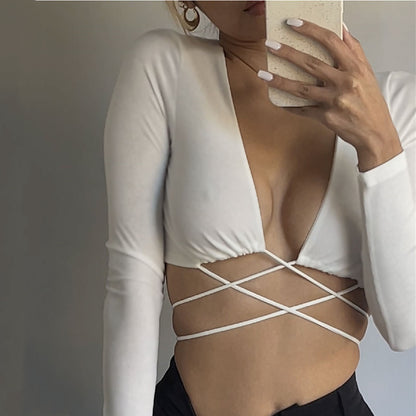 Sexy Deep V Straps Solid Color Long-Sleeved Wholesale Crop Tops