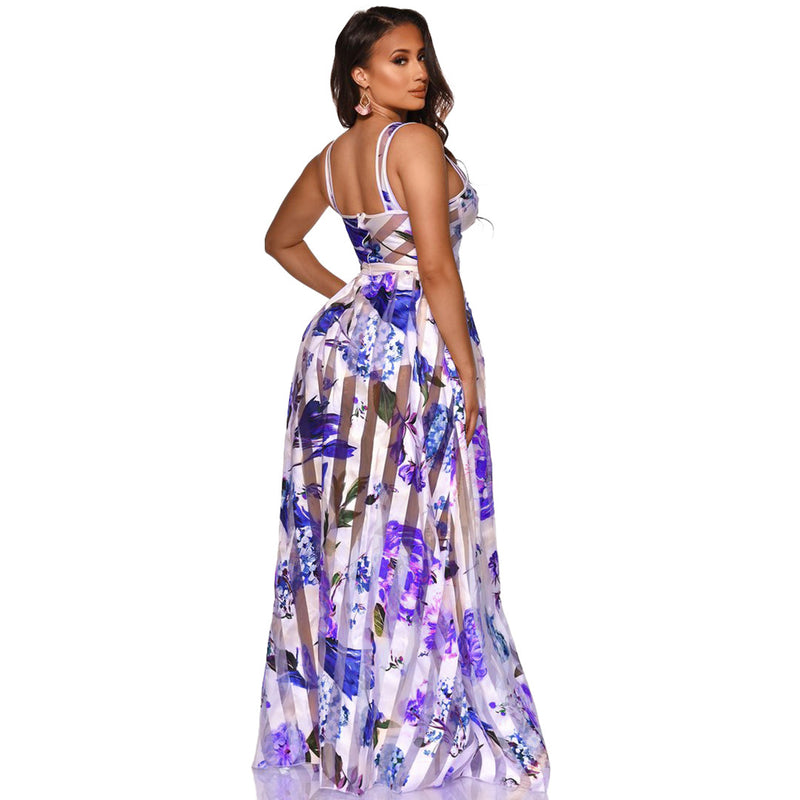 Interval See-Through Fashion Floral Print Slip Swing Dress Wholesale Maxi Dresses