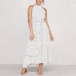Polka Dot Print Halterneck Lace Up Wide Hem Vacation Vintage Dress Wholesale Maxi Dresses