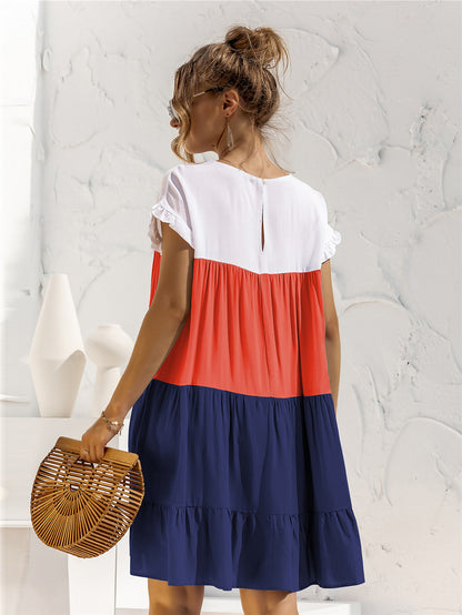 Round Neck Colorblock Ruffles Short Sleeve Loose Smocked Dresses Casual T Shirt Dress Wholesale