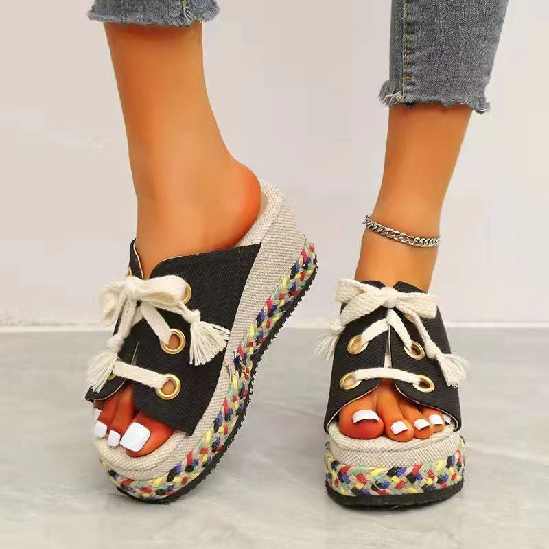 Wedge Colorblock Woven Slippers High Heel Sandals Wholesale Women Shoes