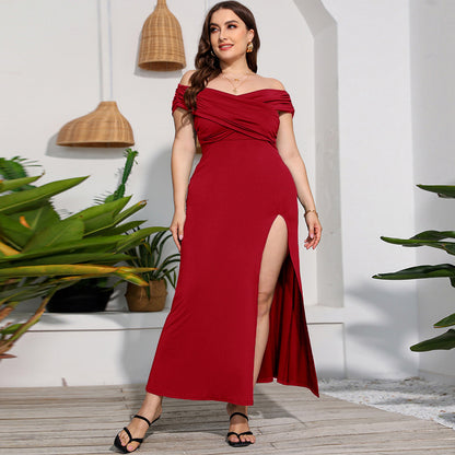 Solid Color Off Shoulder V Neck High Waist Split Hem Wholesale Plus Size Dresses