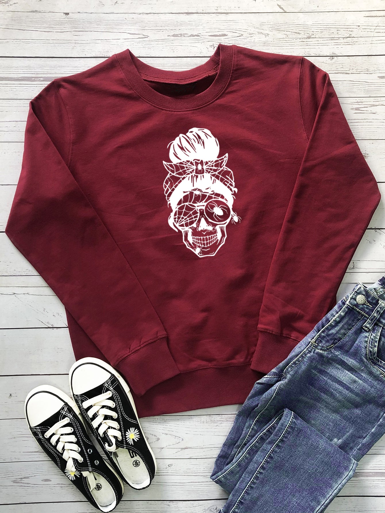 Halloween Skull Glasses Cobwebs Sweatshirt Wholesale Women Clothing