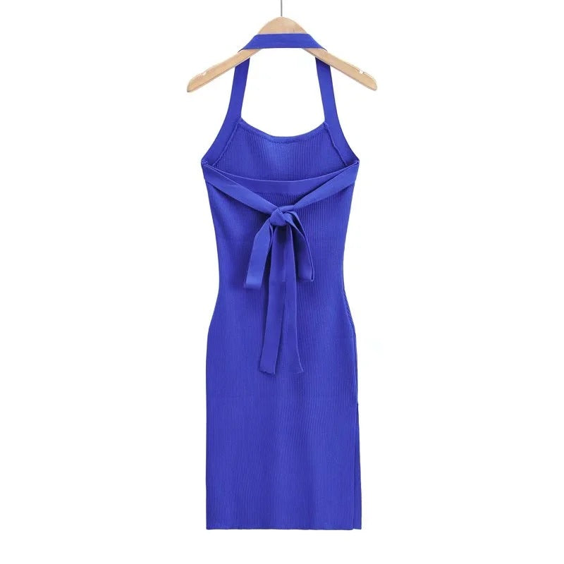 Sexy Solid Color Tie-Rope Side Slit Halterneck Knitted Midi Dress Bodycon Wholesale Dresses