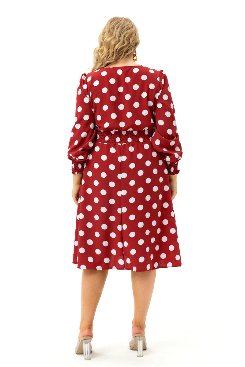Xmas Plus Size Wholesale Long-Sleeved Polka-Dot Midi Dress
