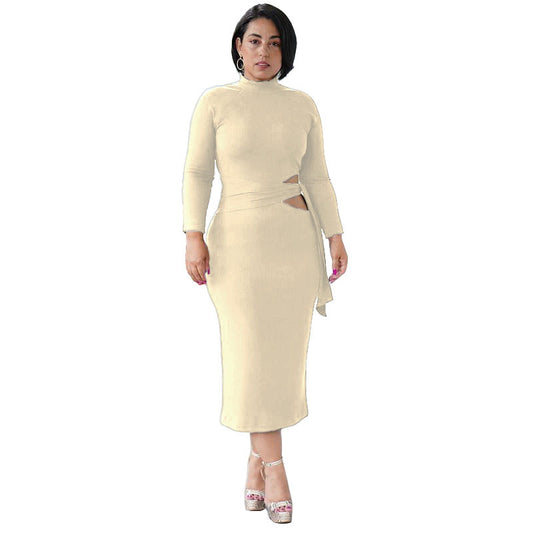 Solid Color Long Sleeve High Waist Hollow Tight-Fitting Mid-Length Dress