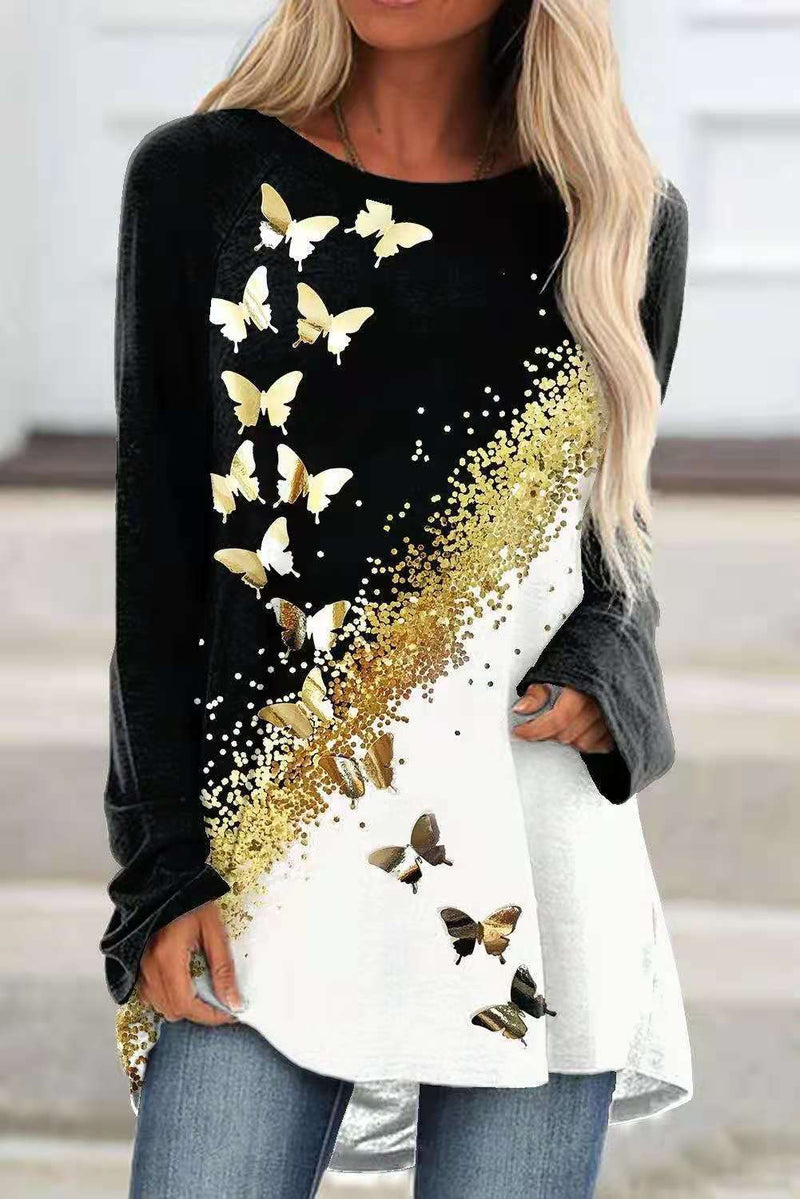 Long Casual Long-Sleeved Butterfly Print Colorblock T-Shirt