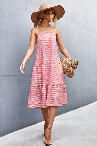 Plaid Sling Smocked Midi Dress Casual Vacation Wholesale Dresses