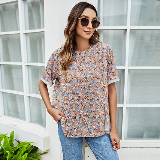 Women's Short Sleeve O Neck Wholesale Floral Tops Blouses Summer