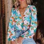 V-Neck Lantern Long Sleeve Floral Shirt Wholesale Women Tops