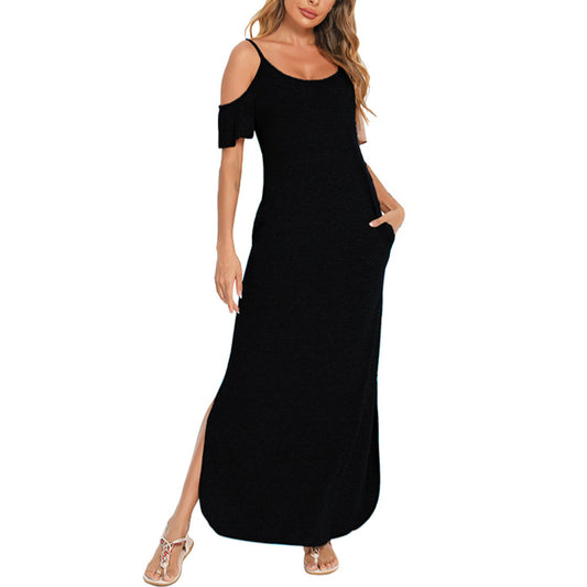 Solid Color Off Shoulder Sling Slit Dress Wholesale Maxi Dresses