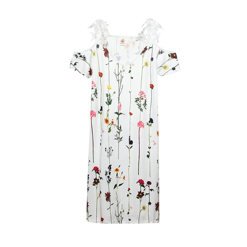 Floral Print V Neck Off Shoulder Lace Sling Swing Dress Casual Wholesale Dresses