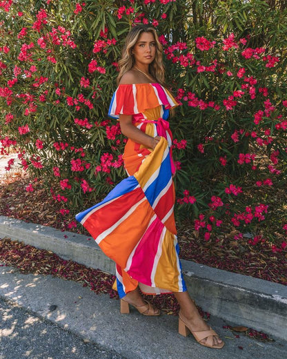 Off Shoulder Color Block Ruffle Hem Wholesale Maxi Dresses